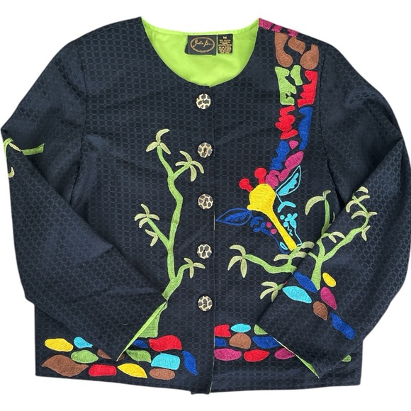 Julia Ku Black Colorful Giraffe Embroidered Jacket With Wooden Buttons Size M - Picture 1 of 4